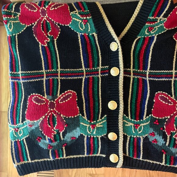VTG 80s Norton McNaughton Ugly Christmas Cardigan Sweater Plaid Bows Wreaths L - Picture 8 of 9